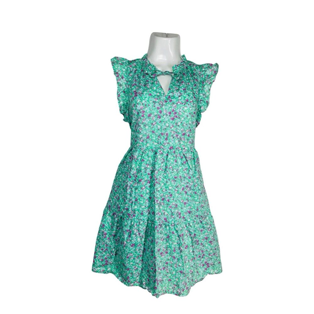 Time & Tru Floral Tiered Sun Dress Cotton Sea Green Ruffle Sleeve Medium Boho